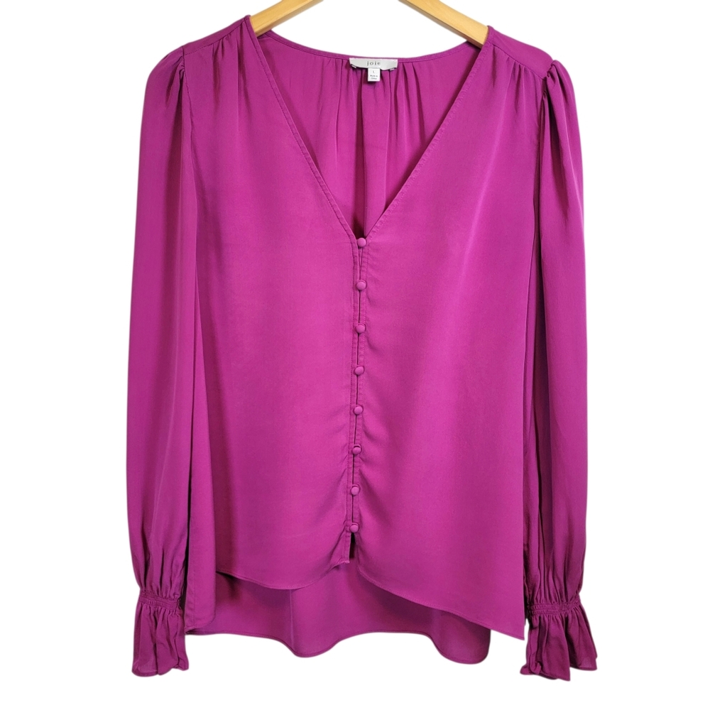 Joie Magenta Button-Front V-Neck Blouse
